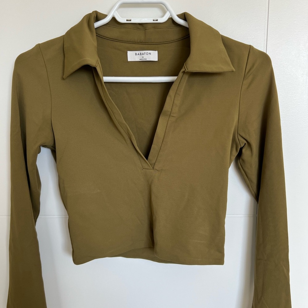 Babaton Khaki V-Neck Blouse